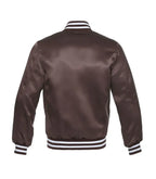 Brown satin varsity jacket with white striped cuffs and collar, back view