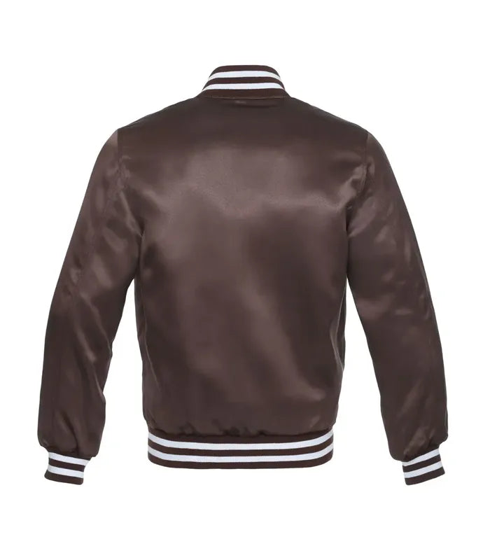 Brown satin varsity jacket with white striped cuffs and collar, back view