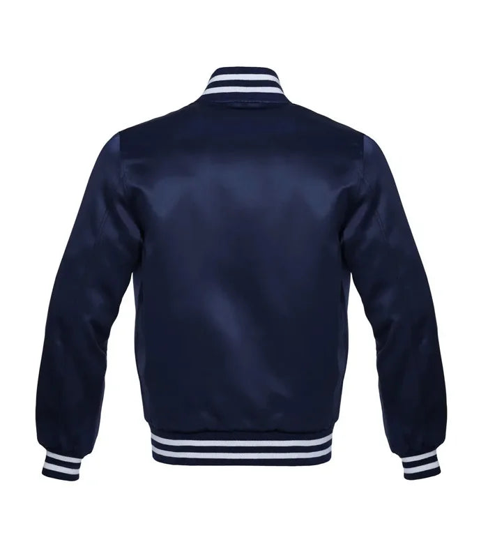 Navy blue varsity jacket with white striped collar, cuffs, and hem, back view