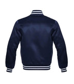 Navy blue varsity jacket with white striped collar, cuffs, and hem, back view