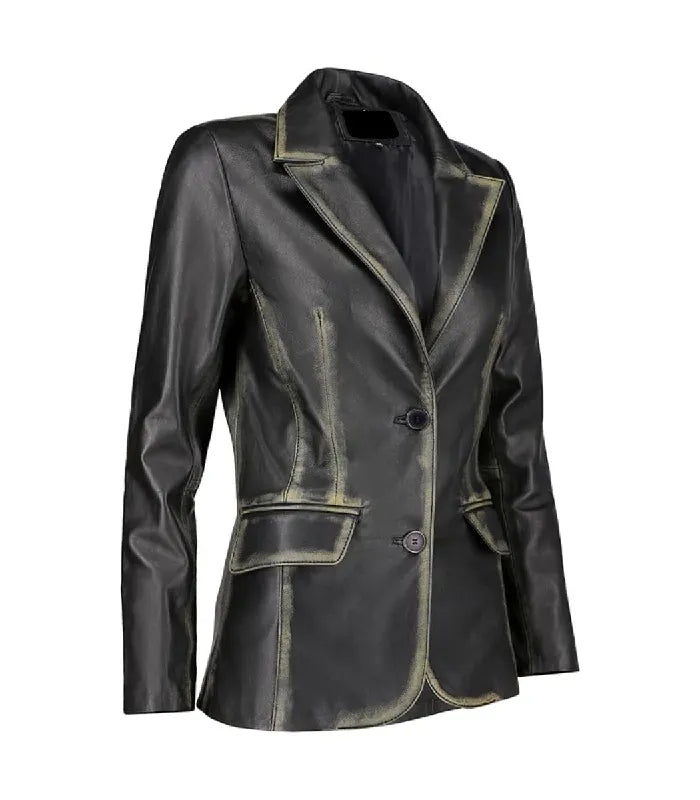 Side view of Women's's Distressed Black Leather Blazer
