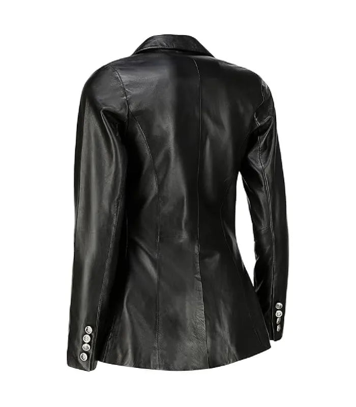 Back view of Women's's Double Breasted Black Leather Blazer