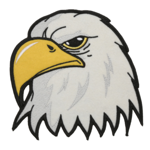 Bald eagle head embroidered patch with white feathers, yellow beak, golden eye, and bold black outline.