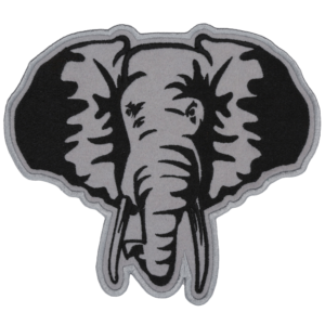 Gray and black front-facing elephant embroidered patch with wide ears, long tusks, detailed trunk, and bold stitched outline.