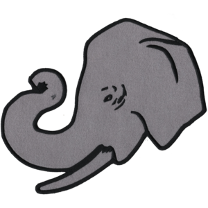 Gray elephant side-profile embroidered patch with curled trunk, long tusk, large ear, and bold black stitched outline.