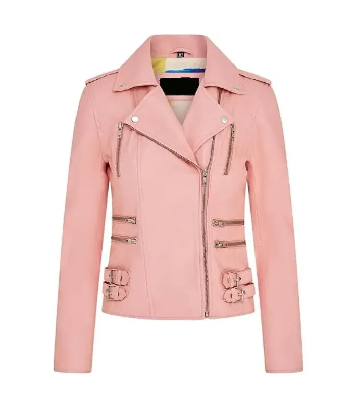 Front view of Ella Baby Pink Leather Biker Jacket
