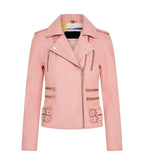 Front view of Ella Baby Pink Leather Biker Jacket