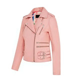 Side view of Ella Baby Pink Leather Biker Jacket