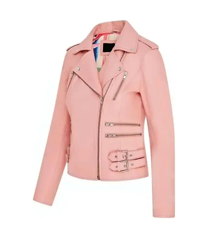 Side view of Ella Baby Pink Leather Biker Jacket