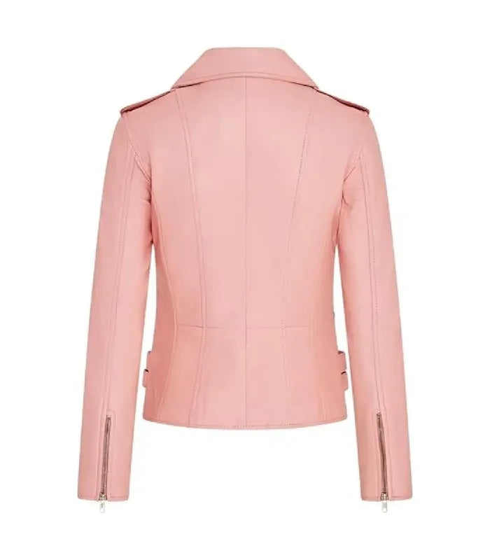 Back view of Ella Baby Pink Leather Biker Jacket