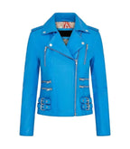Front view of Ella Blue Biker Leather Jacket
