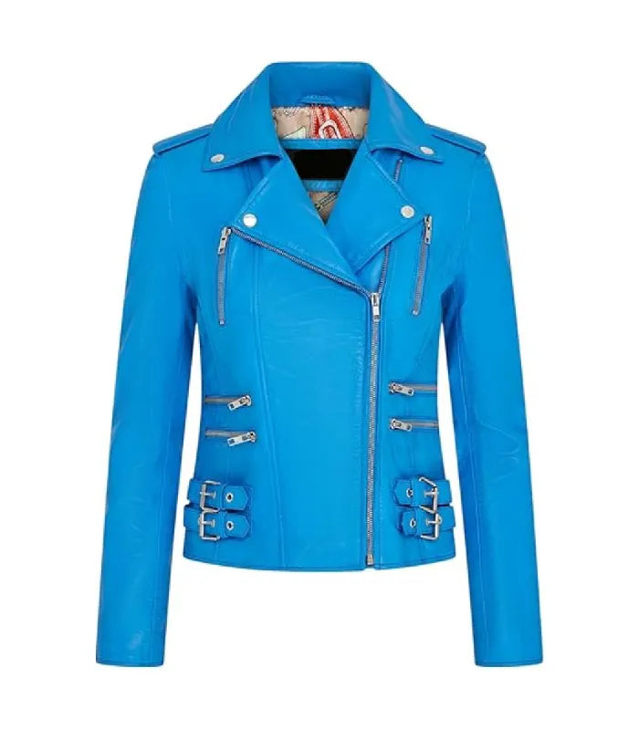 Front view of Ella Blue Biker Leather Jacket