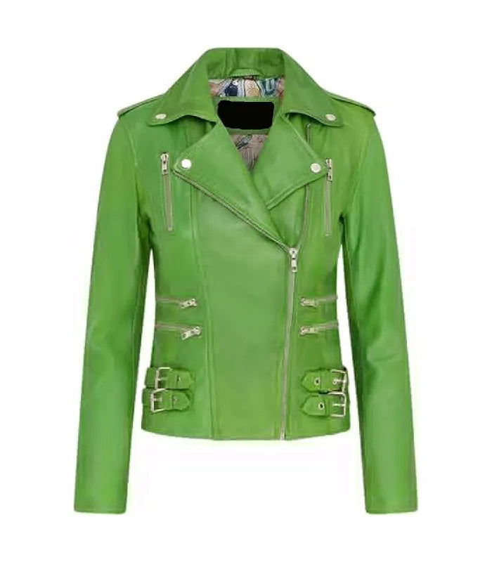 Front view of Ella Green Biker Leather Jacket