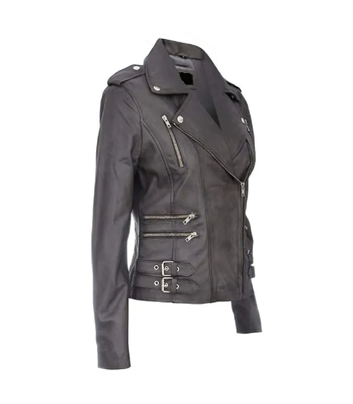 Side view of Ella Grey Biker Leather Jacket