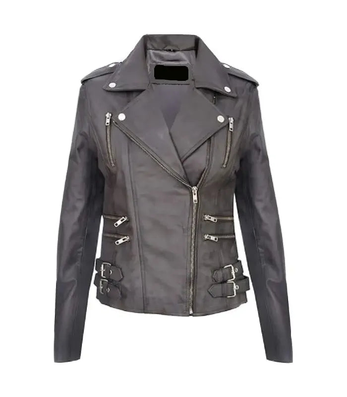 Front view of Ella Grey Biker Leather Jacket