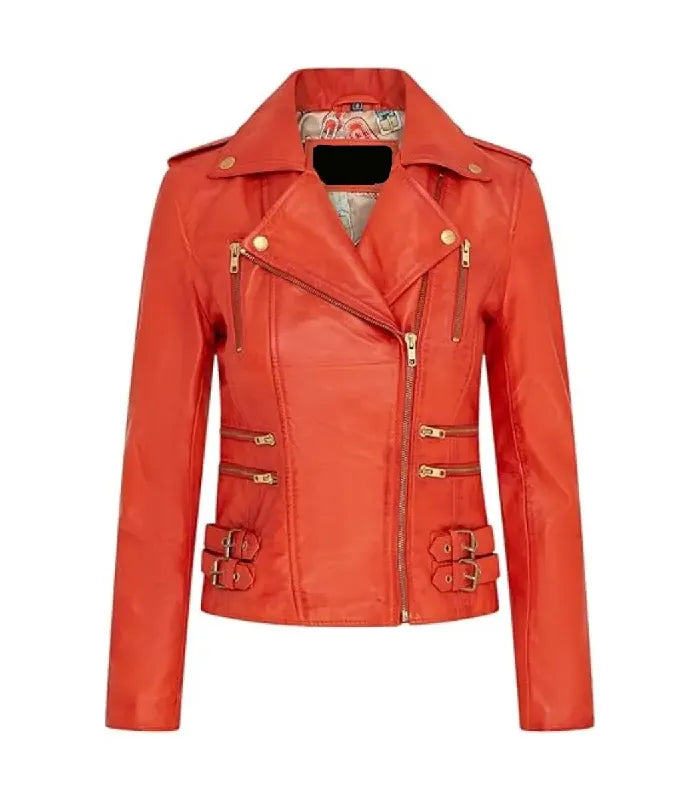 Front view of Ella Orange Biker Leather Jacket