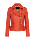 Front view of Ella Orange Biker Leather Jacket
