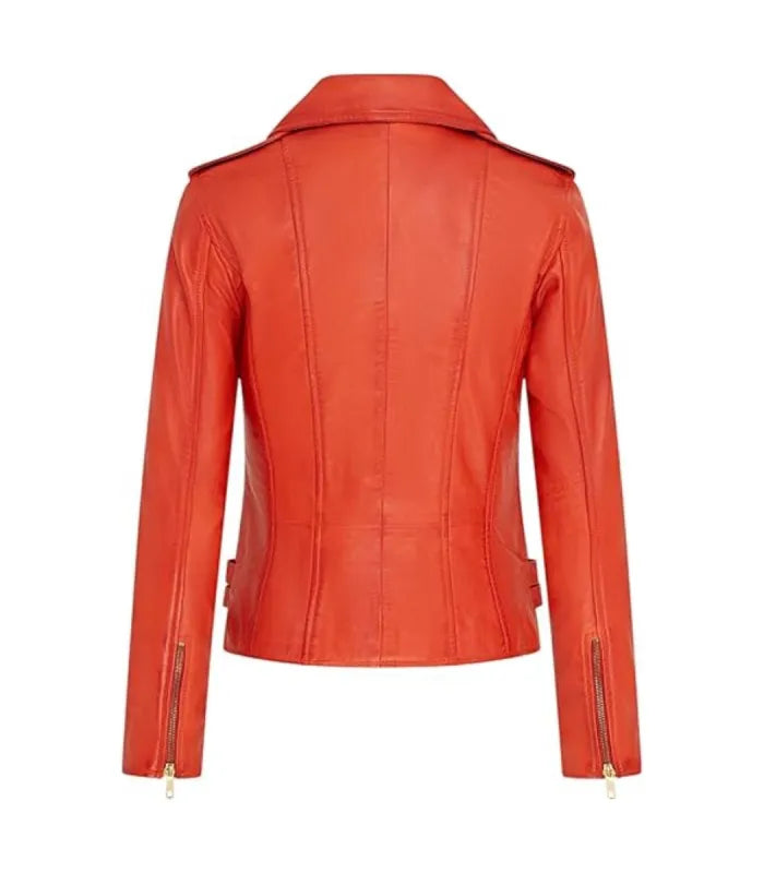 Back view of Ella Orange Biker Leather Jacket