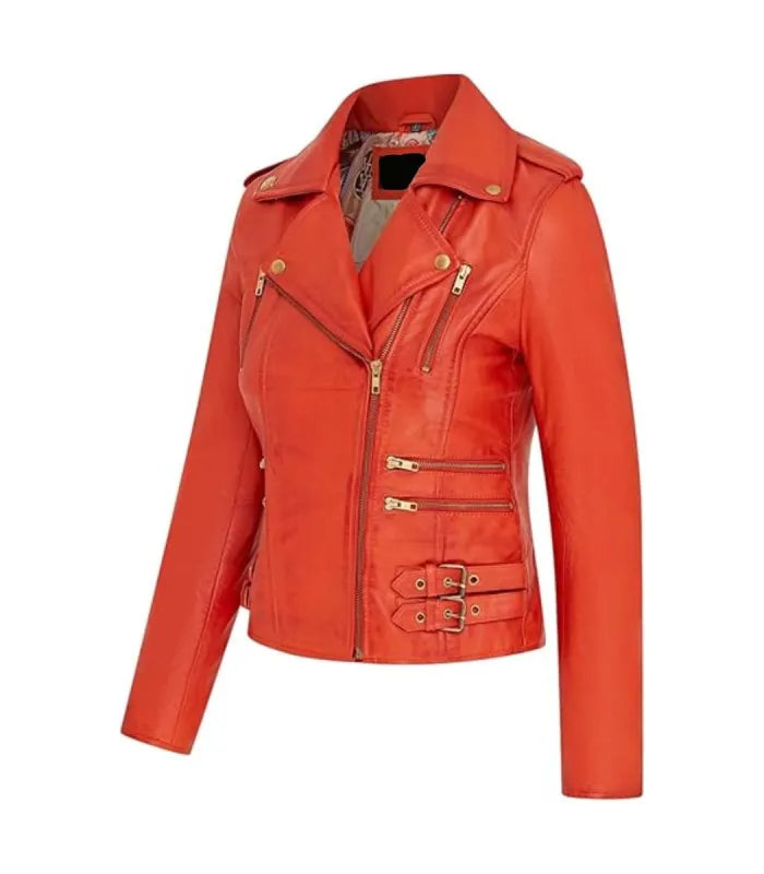 Side view of Ella Orange Biker Leather Jacket