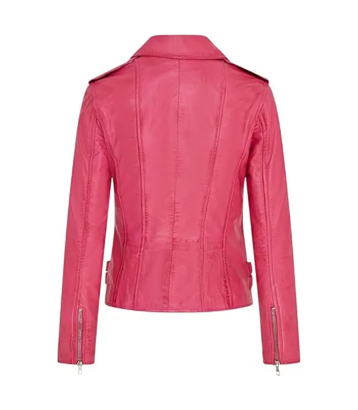 Back view of Ella Pink Biker Leather Jacket