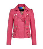 Front view of Ella Pink Biker Leather Jacket