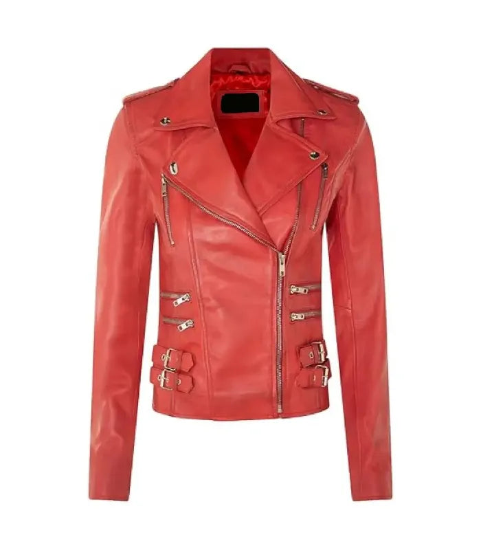 Front view of Ella Red Leather Biker Jacket