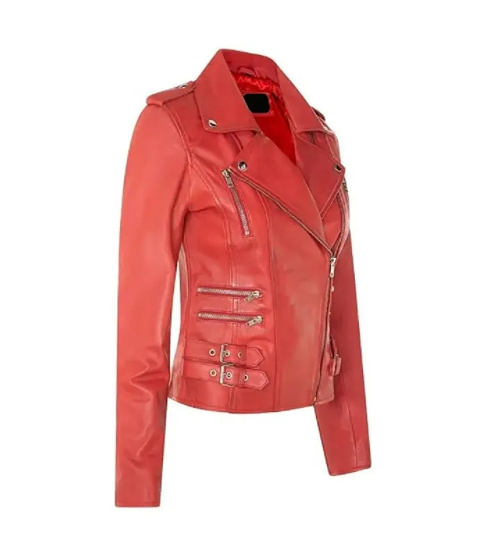 Side view of Ella Red Leather Biker Jacket