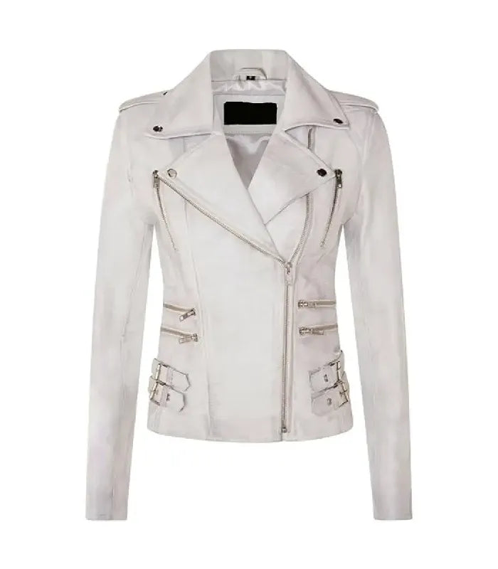 Front view of Ella White Leather Biker Jacket