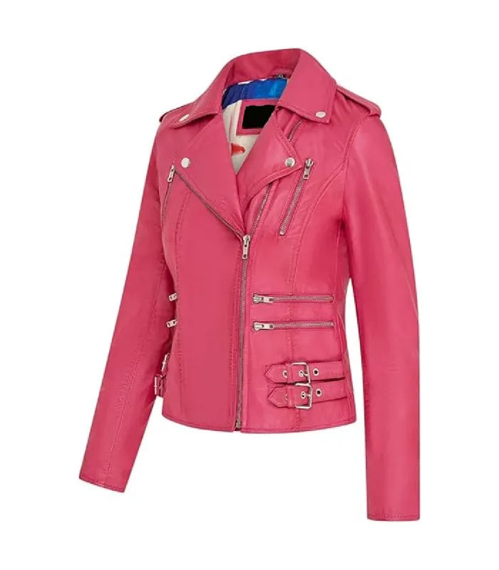 Side view of Ella Pink Biker Leather Jacket