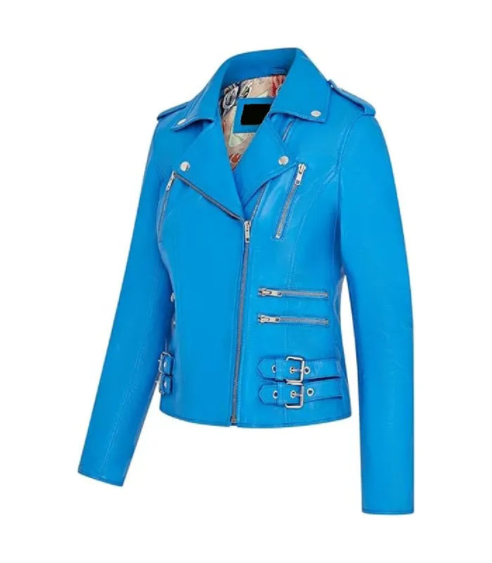 Side view of Ella Blue Biker Leather Jacket
