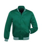 Green varsity jacket with white striped cuffs and collar, button-front design