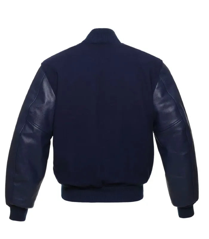 Back view of Navy Varsity Jacket