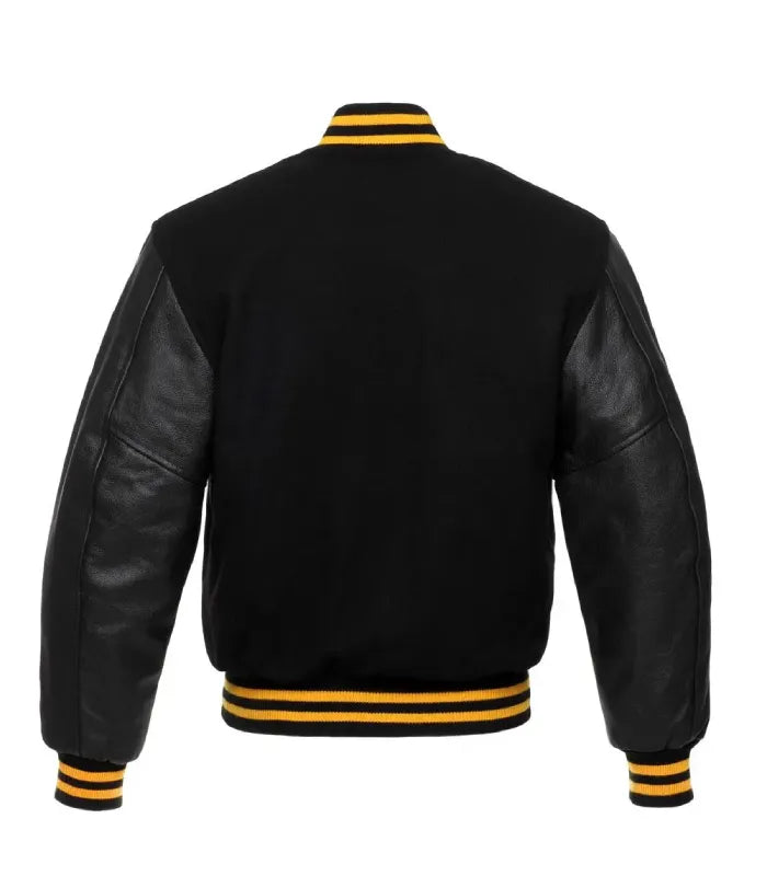Back view of Gold Knit Trim Black Varsity Jacket