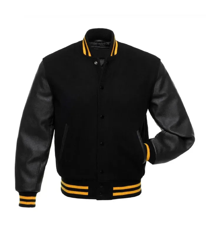Front view of Gold Knit Trim Black Varsity Jacket