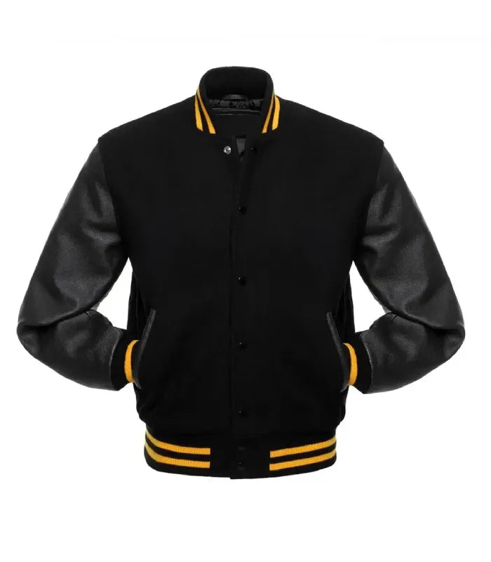 Side view of Gold Knit Trim Black Varsity Jacket