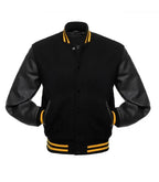 Side view of Gold Knit Trim Black Varsity Jacket