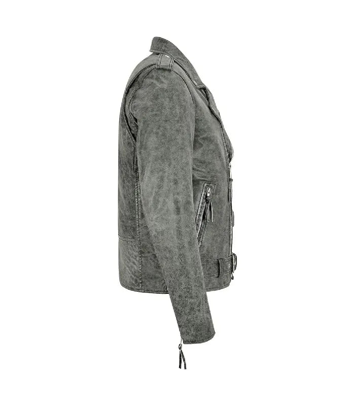 Detail view of Men's Grey Leather Biker Jacket