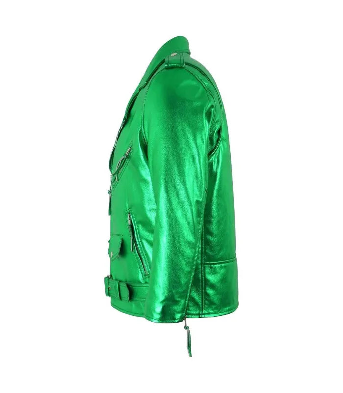 Side view of Men's Green Leather Biker Jacket