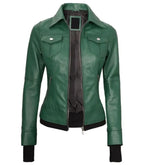Close-up detail of Women's's Green Hooded Leather Bomber Jacket