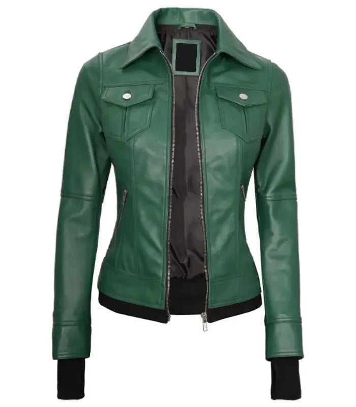 Close-up detail of Women's's Green Hooded Leather Bomber Jacket