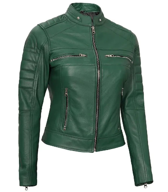 Side view of Women's Cafe Racer Green Leather Jacket