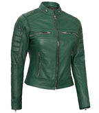 Side view of Women's Cafe Racer Green Leather Jacket