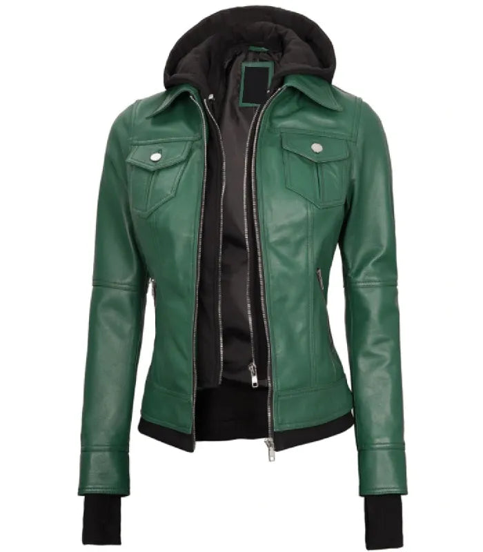 Detail view of Women's's Green Hooded Leather Bomber Jacket