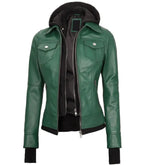 Detail view of Women's's Green Hooded Leather Bomber Jacket