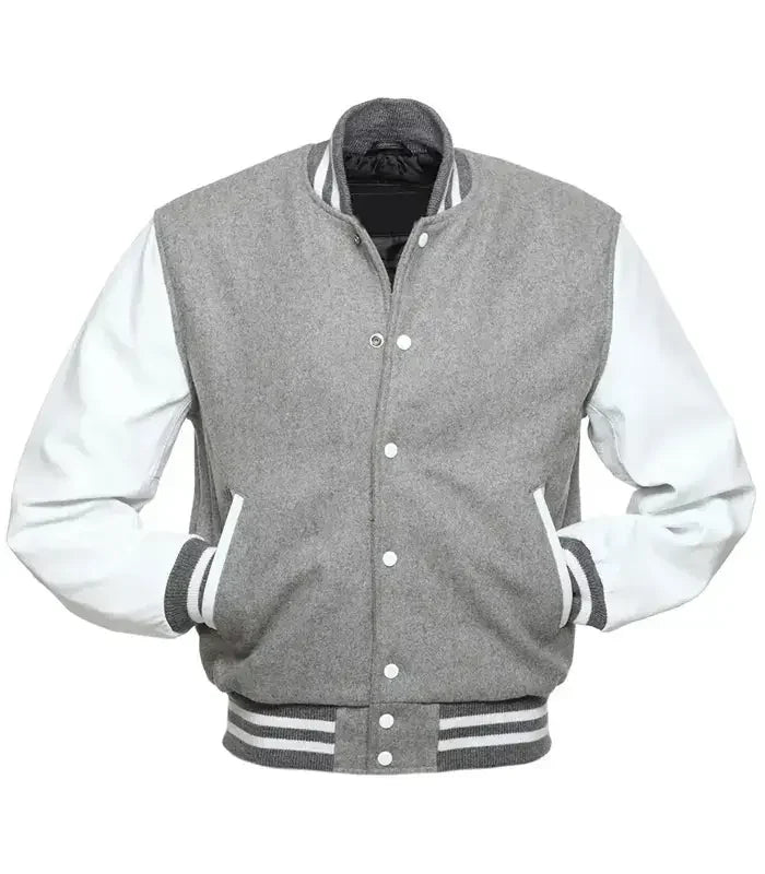 Grey letterman jacket front view styled as a baseball jacket with contrast white sleeves and snap button closure.