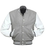 Grey letterman jacket front view styled as a baseball jacket with contrast white sleeves and snap button closure.