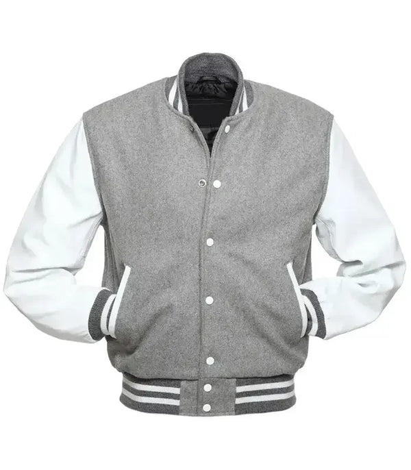 Grey letterman jacket front view styled as a baseball jacket with contrast white sleeves and snap button closure.