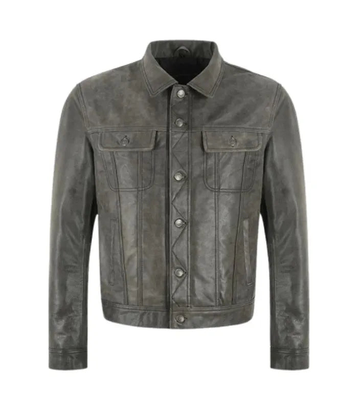 Front view of Grey Leather Trucker Jacket