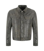 Front view of Grey Leather Trucker Jacket