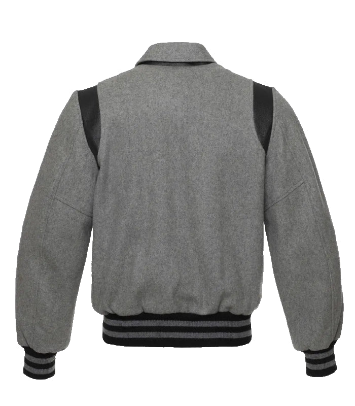 Back view of a grey wool letterman jacket with a classic fold-down collar and contrasting black leather details on the shoulders.